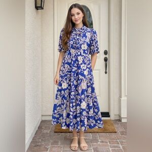 ✨ Umgee Blue Floral Tiered Midi Dress – Size Large – NEW ✨